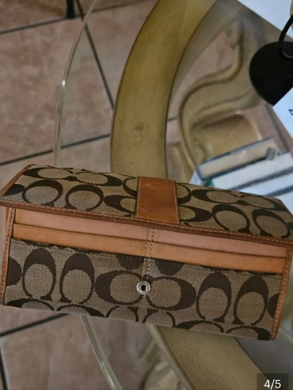 Coach Signature C Canvas Tan Genuine Leather Stripe Full-size Snap Wallet